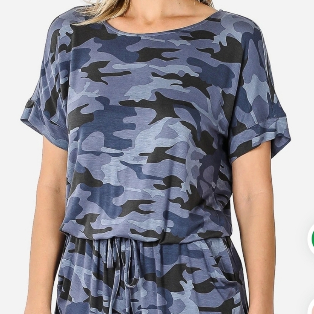Zenana Navy Camo Short Sleeve Romper pockets 1X